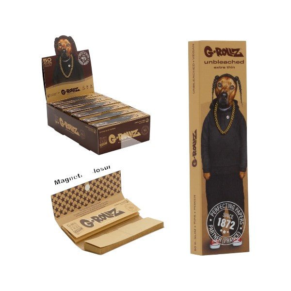 G - Rollz | Rolling Papers Pets Rock 'Rap' Ungebleicht – 50 King Size Slim Papers + Tips (24er Display) - PodBox24